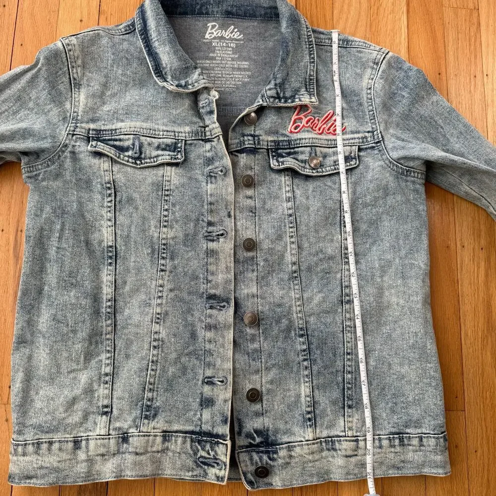 Barbie Girl Revolution Patch Denim Acid Wash Jean Jacket Size XL (14-16) Peace